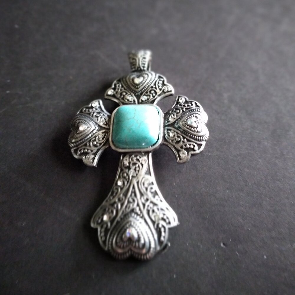 Large Silver Tone Cross with Big Center Turquoise Stone and 4 Sparkly Hearts